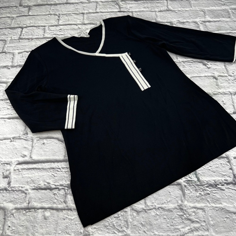 Exclusively Misook Womens Medium Black White Contrast Knit 3/4 Sleeve Top